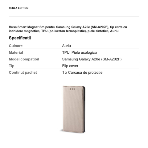 Husa Smart Magnet Sm pentru Samsung Galaxy A20e (SM-A202F), tip carte cu inchidere magnetica, TPU (poliuretan termoplastic), piele sintetica, Auriu [2]