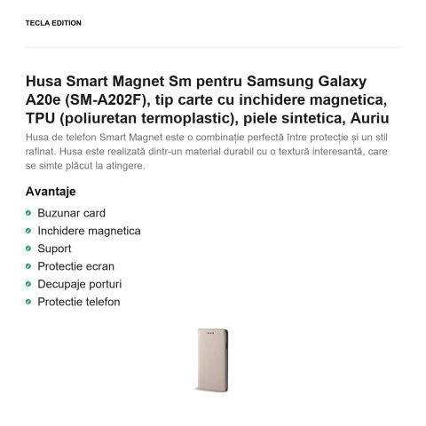 Husa Smart Magnet Sm pentru Samsung Galaxy A20e (SM-A202F), tip carte cu inchidere magnetica, TPU (poliuretan termoplastic), piele sintetica, Auriu [1]