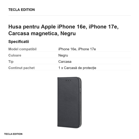 Husa Smart Magnetic pentru Apple iPhone 16e, iPhone 17e, tip carte cu inchidere magnetica, Negru [2]