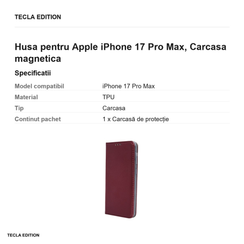 Husa Smart Magnetic pentru Apple iPhone 17 Pro Max, tip carte cu inchidere magnetica, Visiniu [2]