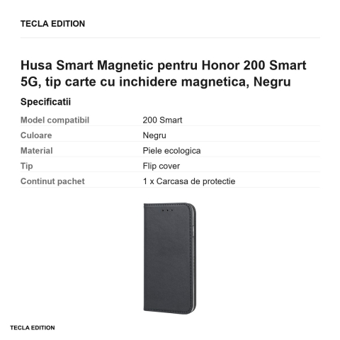 Husa Smart Magnetic pentru Honor 200 Smart 5G, tip carte cu inchidere magnetica, Negru [2]