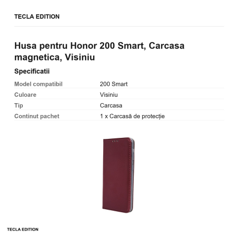 Husa Smart Magnetic pentru Honor 200 Smart, tip carte cu inchidere magnetica, Visiniu [2]