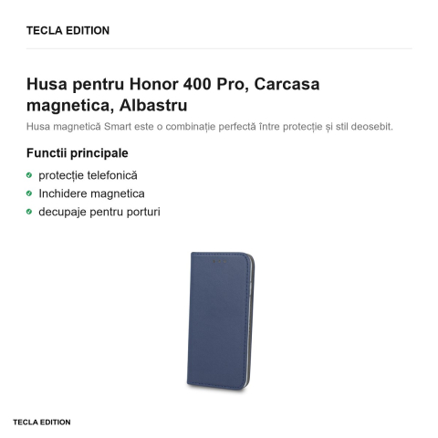 Husa Smart Magnetic pentru Honor 400 Pro, tip carte cu inchidere magnetica, Albastru [1]
