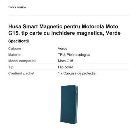 Husa Smart Magnetic pentru Motorola Moto G15, tip carte cu inchidere magnetica, Verde [2]