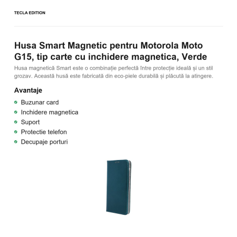 Husa Smart Magnetic pentru Motorola Moto G15, tip carte cu inchidere magnetica, Verde [1]