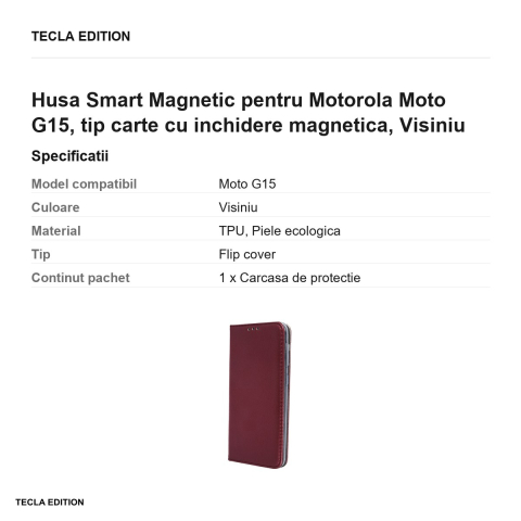 Husa Smart Magnetic pentru Motorola Moto G15, tip carte cu inchidere magnetica, Visiniu [2]