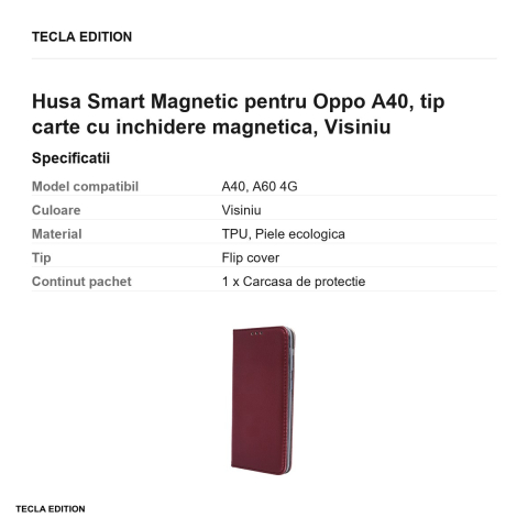 Husa Smart Magnetic pentru Oppo A40, tip carte cu inchidere magnetica, Visiniu [2]