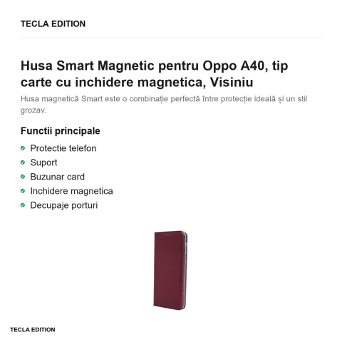 Husa Smart Magnetic pentru Oppo A40, tip carte cu inchidere magnetica, Visiniu [1]
