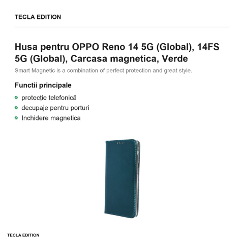 Husa Smart Magnetic pentru OPPO Reno 14 5G (Global), 14FS 5G (Global), tip carte cu inchidere magnetica, Verde [1]