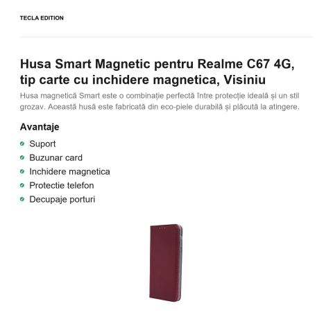 Husa Smart Magnetic pentru Realme C67 4G, tip carte cu inchidere magnetica, Visiniu [1]