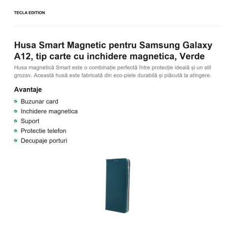 Husa Smart Magnetic pentru Samsung Galaxy A12, tip carte cu inchidere magnetica, Verde [1]