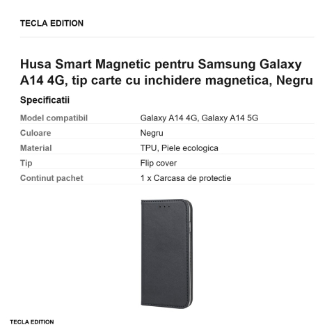 Husa Smart Magnetic pentru Samsung Galaxy A14 4G, tip carte cu inchidere magnetica, Negru [2]