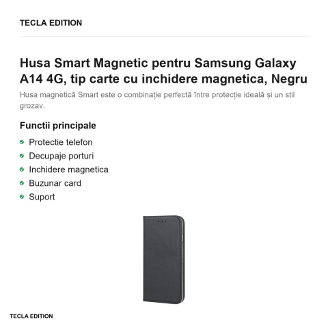 Husa Smart Magnetic pentru Samsung Galaxy A14 4G, tip carte cu inchidere magnetica, Negru [1]