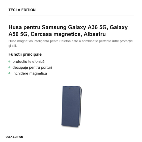 Husa Smart Magnetic pentru Samsung Galaxy A36 5G, Galaxy A56 5G, tip carte cu inchidere magnetica, Albastru [1]