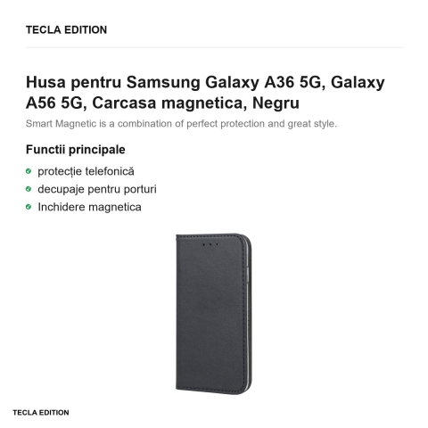 Husa Smart Magnetic pentru Samsung Galaxy A36 5G, Galaxy A56 5G, tip carte cu inchidere magnetica, Negru [1]