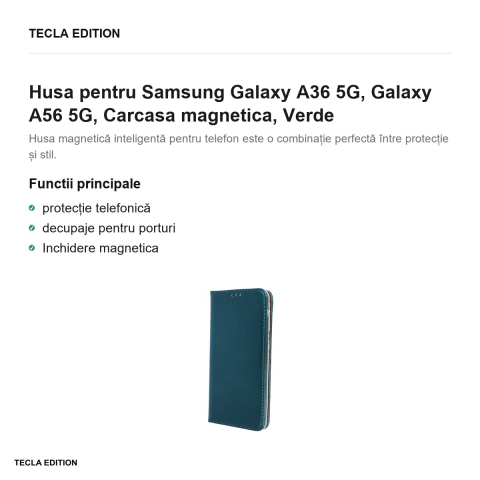 Husa Smart Magnetic pentru Samsung Galaxy A36 5G, Galaxy A56 5G, tip carte cu inchidere magnetica, Verde [1]