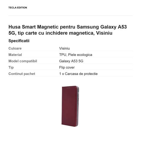 Husa Smart Magnetic pentru Samsung Galaxy A53 5G, tip carte cu inchidere magnetica, Visiniu [2]