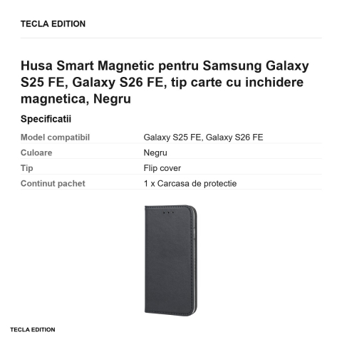 Husa Smart Magnetic pentru Samsung Galaxy S25 FE, Galaxy S26 FE, tip carte cu inchidere magnetica, Negru [2]