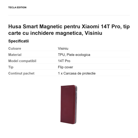 Husa Smart Magnetic pentru Xiaomi 14T Pro, tip carte cu inchidere magnetica, Visiniu [2]