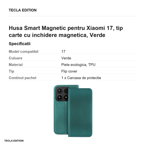 Husa Smart Magnetic pentru Xiaomi 17, tip carte cu inchidere magnetica, Verde [2]