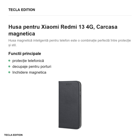 Husa Smart Magnetic pentru Xiaomi Redmi 13 4G, tip carte cu inchidere magnetica, Negru [1]