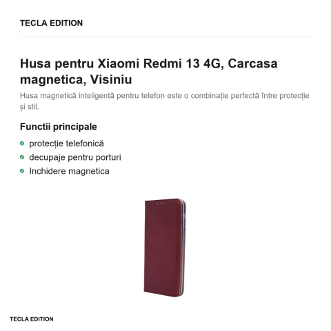 Husa Smart Magnetic pentru Xiaomi Redmi 13 4G, tip carte cu inchidere magnetica, Visiniu [1]