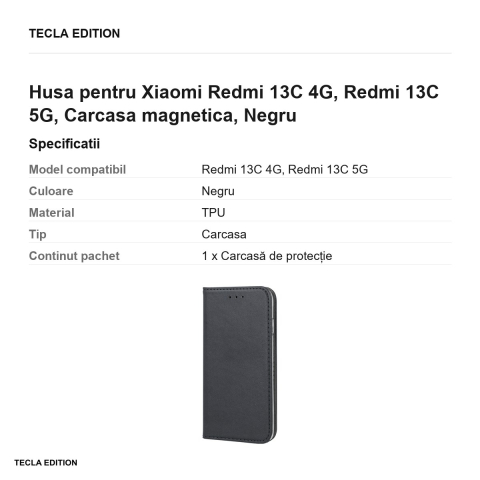 Husa Smart Magnetic pentru Xiaomi Redmi 13C 4G, Redmi 13C 5G, tip carte cu inchidere magnetica, Negru [2]