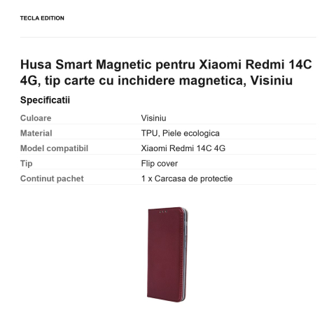 Husa Smart Magnetic pentru Xiaomi Redmi 14C 4G, tip carte cu inchidere magnetica, Visiniu [2]