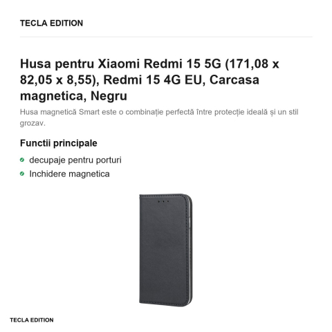 Husa Smart Magnetic pentru Xiaomi Redmi 15 5G, Redmi 15 4G EU, tip carte cu inchidere magnetica, Negru [1]