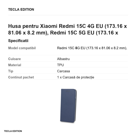 Husa Smart Magnetic pentru Xiaomi Redmi 15C 4G EU, Redmi 15C 5G EU, tip carte cu inchidere magnetica, Albastru [2]