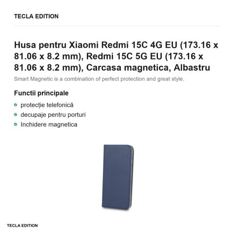 Husa Smart Magnetic pentru Xiaomi Redmi 15C 4G EU, Redmi 15C 5G EU, tip carte cu inchidere magnetica, Albastru [1]