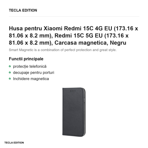 Husa Smart Magnetic pentru Xiaomi Redmi 15C 4G EU, Redmi 15C 5G EU, tip carte cu inchidere magnetica, Negru [1]