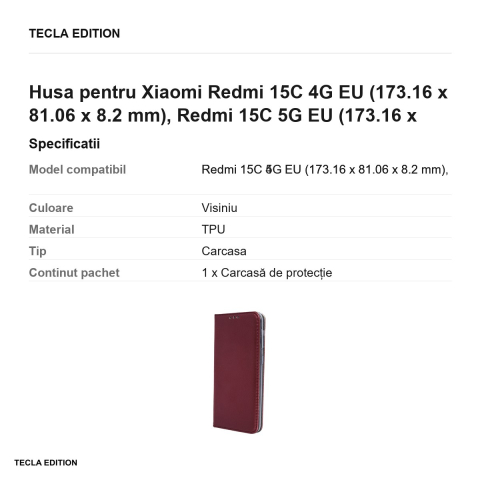 Husa Smart Magnetic pentru Xiaomi Redmi 15C 4G EU, Redmi 15C 5G EU, tip carte cu inchidere magnetica, Visiniu [2]