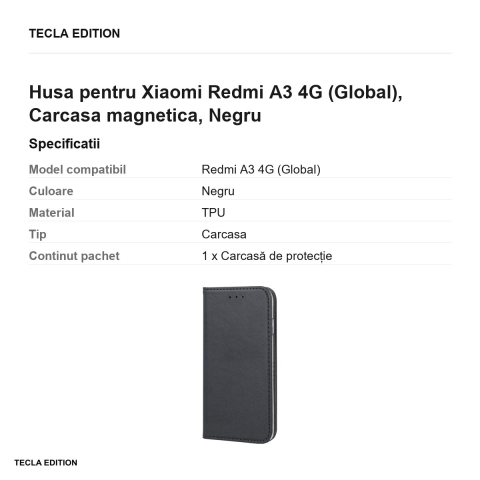 Husa Smart Magnetic pentru Xiaomi Redmi A3 4G (Global), tip carte cu inchidere magnetica, Negru [2]