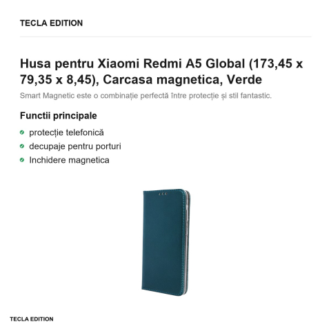Husa Smart Magnetic pentru Xiaomi Redmi A5 Global, tip carte cu inchidere magnetica, Verde [1]