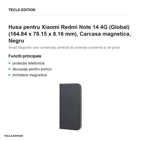 Husa Smart Magnetic pentru Xiaomi Redmi Note 14 4G (Global), tip carte cu inchidere magnetica, Negru [1]