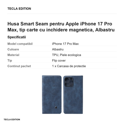 Husa Smart Seam pentru Apple iPhone 17 Pro Max, tip carte cu inchidere magnetica, Albastru [2]