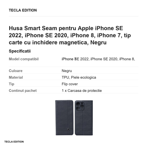 Husa Smart Seam pentru Apple iPhone SE 2022, iPhone SE 2020, iPhone 8, iPhone 7, tip carte cu inchidere magnetica, Negru [2]