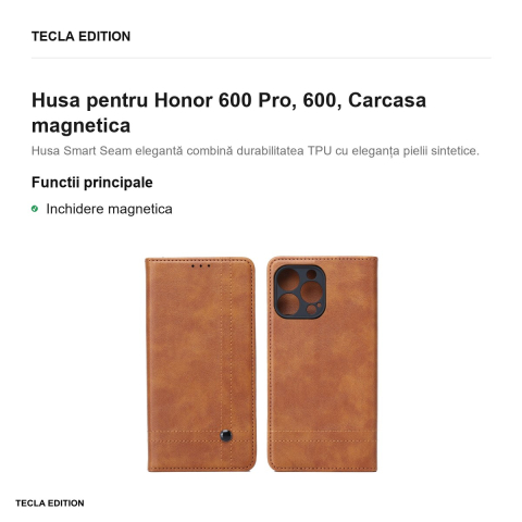 Husa Smart Seam pentru Honor 600 Pro, 600, tip carte cu inchidere magnetica, Maro [1]