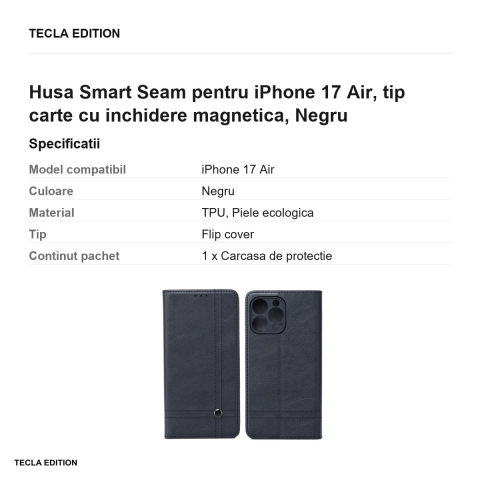 Husa Smart Seam pentru iPhone 17 Air, tip carte cu inchidere magnetica, Negru [2]
