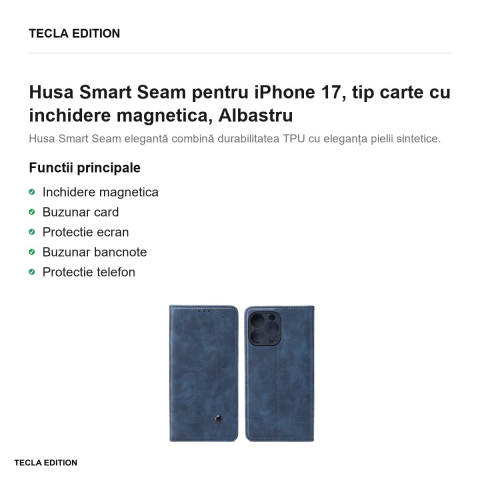Husa Smart Seam pentru iPhone 17, tip carte cu inchidere magnetica, Albastru [1]
