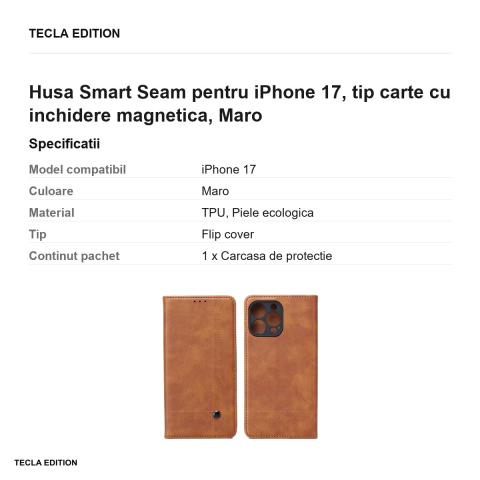 Husa Smart Seam pentru iPhone 17, tip carte cu inchidere magnetica, Maro [2]