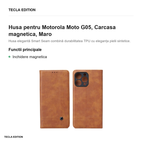 Husa Smart Seam pentru Motorola Moto G05, tip carte cu inchidere magnetica, Maro [1]
