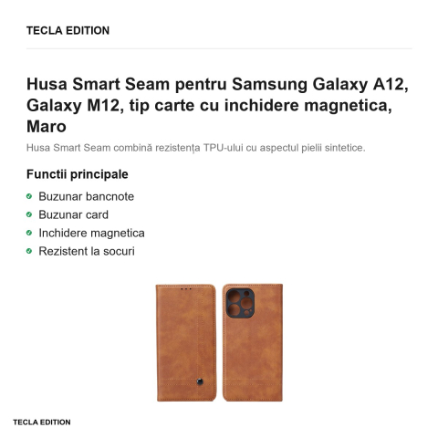 Husa Smart Seam pentru Samsung Galaxy A12, Galaxy M12, tip carte cu inchidere magnetica, Maro [1]