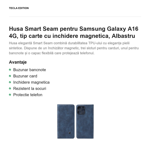 Husa Smart Seam pentru Samsung Galaxy A16 4G, tip carte cu inchidere magnetica, Albastru [1]