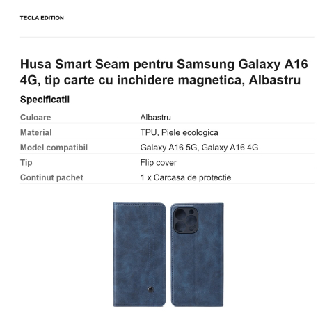Husa Smart Seam pentru Samsung Galaxy A16 4G, tip carte cu inchidere magnetica, Albastru [2]