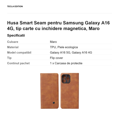 Husa Smart Seam pentru Samsung Galaxy A16 4G, tip carte cu inchidere magnetica, Maro [2]