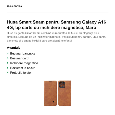 Husa Smart Seam pentru Samsung Galaxy A16 4G, tip carte cu inchidere magnetica, Maro [1]