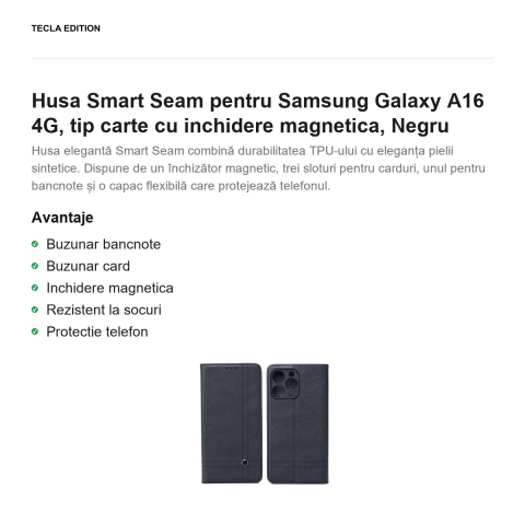 Husa Smart Seam pentru Samsung Galaxy A16 4G, tip carte cu inchidere magnetica, Negru [1]