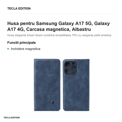 Husa Smart Seam pentru Samsung Galaxy A17 5G, Galaxy A17 4G, tip carte cu inchidere magnetica, Albastru [1]